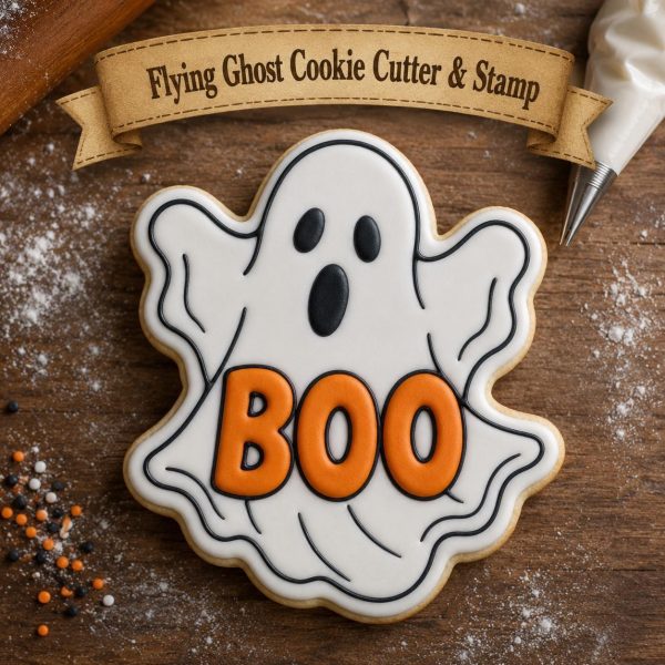 Flying Ghost Cookie Cutter with Stamp | Halloween Ghost Cookie Cutter | BOO Cookie Cutter | Beginner Friendly Cookie Decorating | 3D Printed