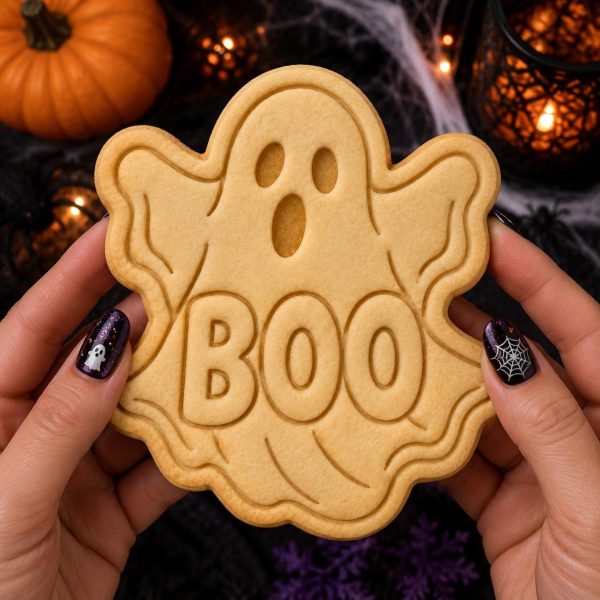 Alternative view of Flying Ghost Cookie Cutter with Stamp | Halloween Ghost Cookie Cutter | BOO Cookie Cutter | Beginner Friendly Cookie Decorating | 3D Printed