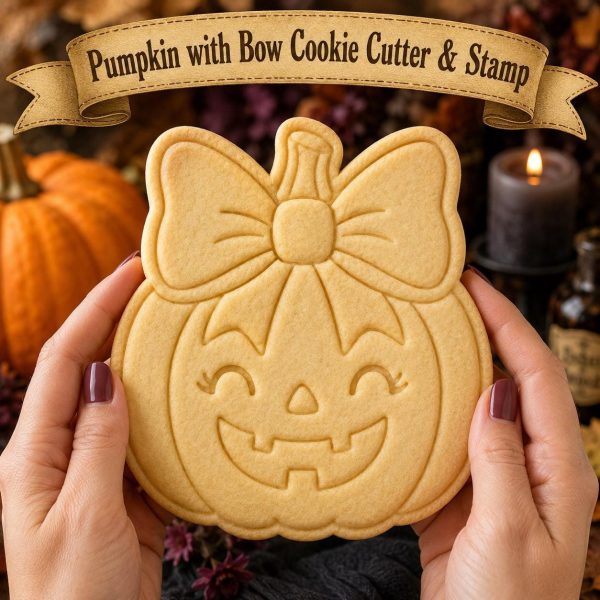 Cute Pumpkin Girl Cookie Cutter with Optional Stamp | Halloween Cookie Cutter | Fall Baking Gift | Pumpkin Bow Cookie