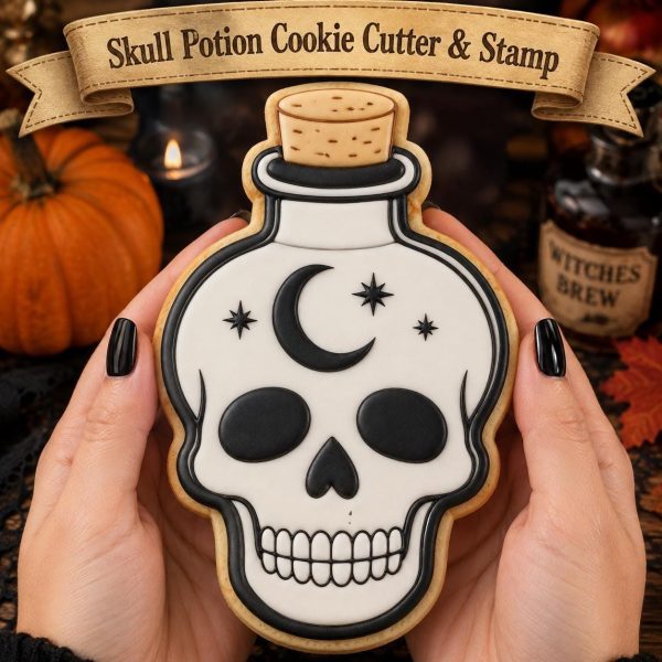 Skull Potion Bottle Cookie Cutter & Stamp, Celestial Skull Cookie Cutter, Moon and Stars Halloween Baking Tool