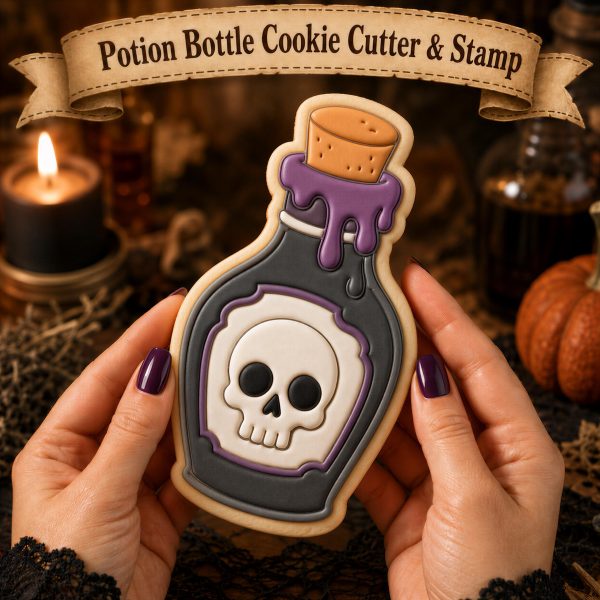 Halloween Potion Bottle Cookie Cutter, Skull Apothecary Design - With Matching Stamp, Witch Theme, Baking Decor