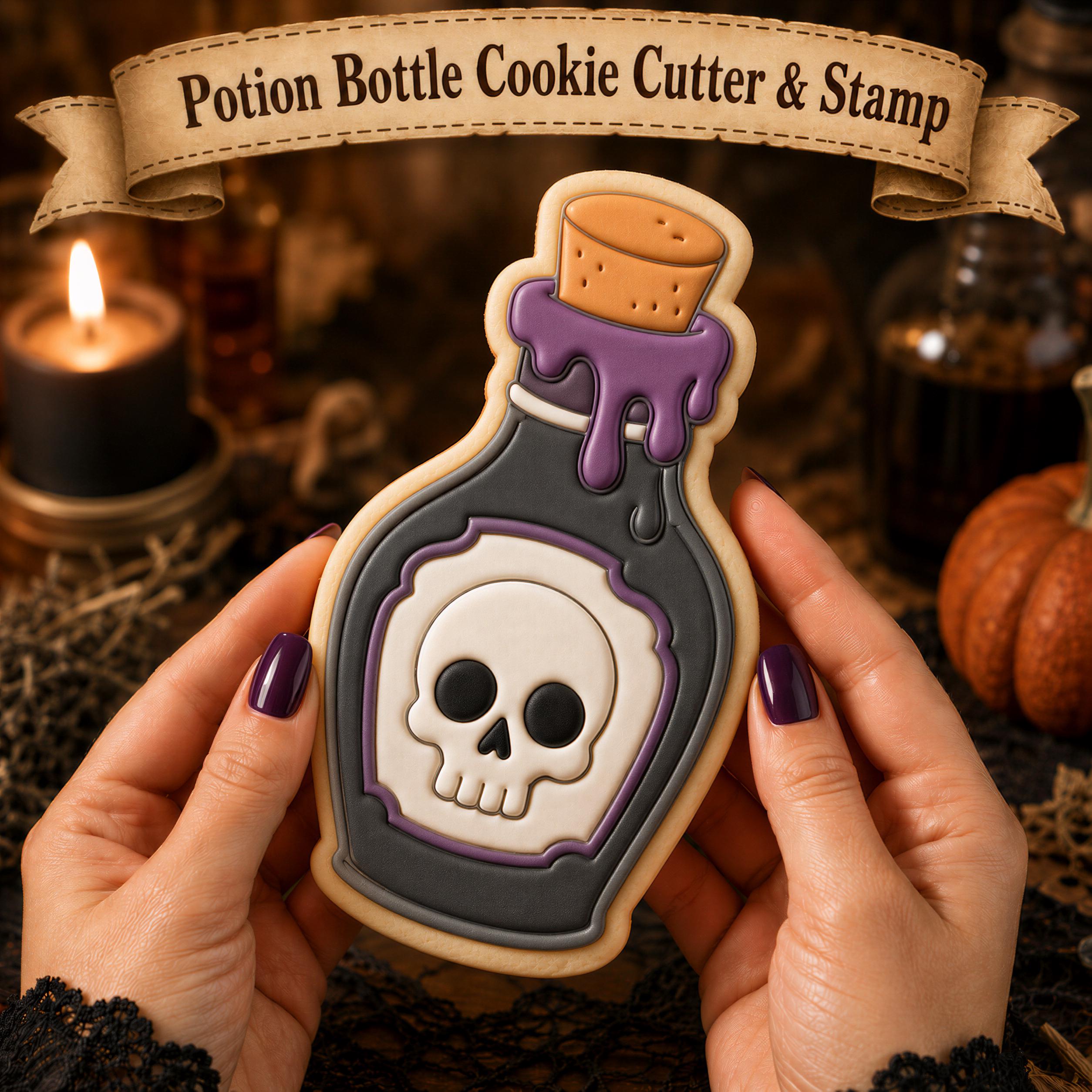 Halloween Potion Bottle Cookie Cutter, Skull Apothecary Design - With Matching Stamp, Witch Theme, Baking Decor