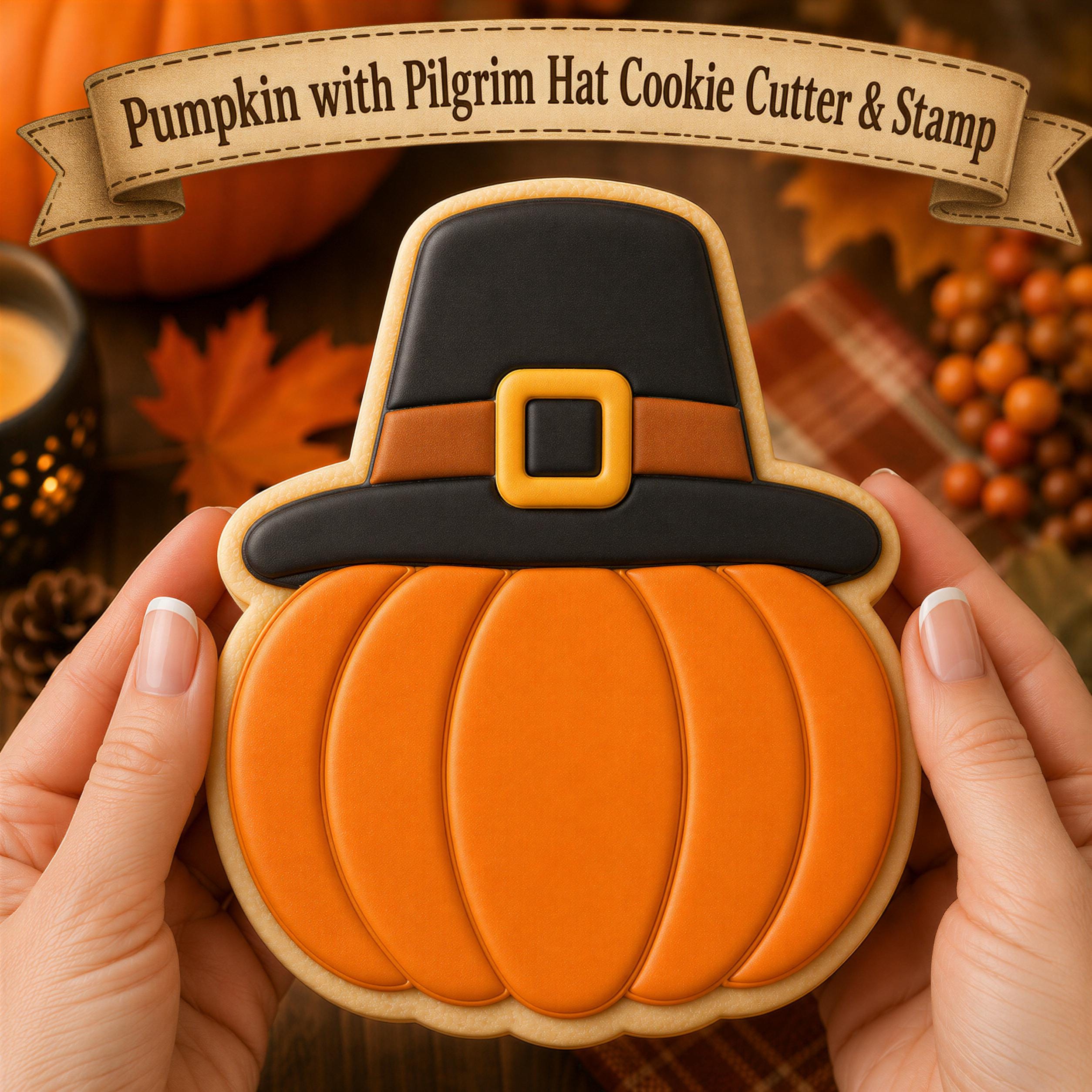 Pumpkin Pilgrim Hat Cookie Cutter & Stamp | Thanksgiving Baking | Fall Cookie Decorating