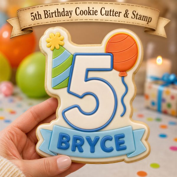Personalized 5th Birthday Cookie Cutter - Name Stamp - Number 5 Design, Kids Party Baking, Keepsake