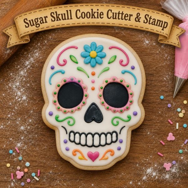 Sugar Skull Cookie Cutter with Stamp | Day of the Dead Cookie Cutter | Dia de los Muertos Baking Tool