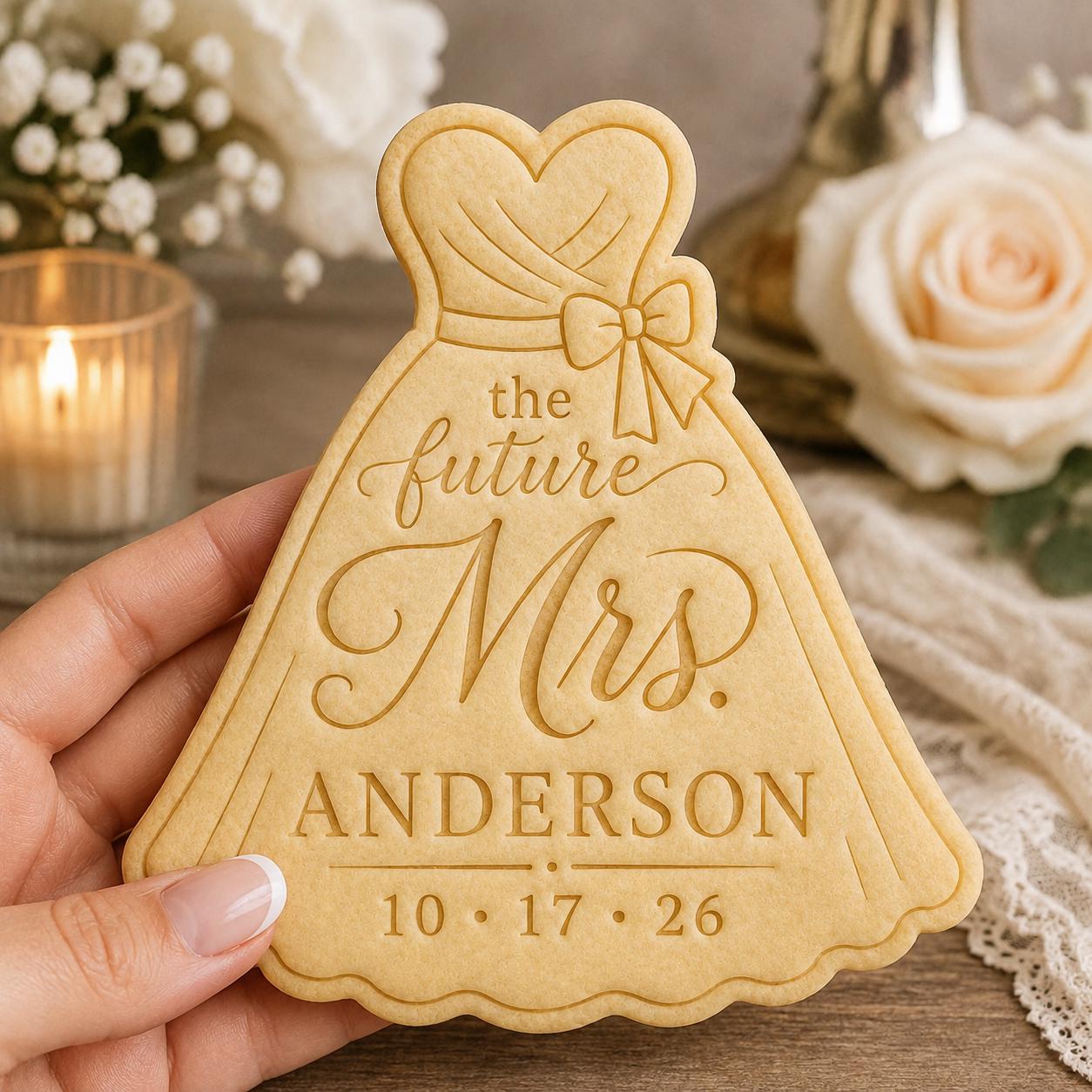 Personalized Future Mrs Wedding Dress Cookie Cutter & Stamp, Custom Bridal Shower Cookie Cutter, Bride to Be Cookie Stamp, Wedding Dress - Image 2