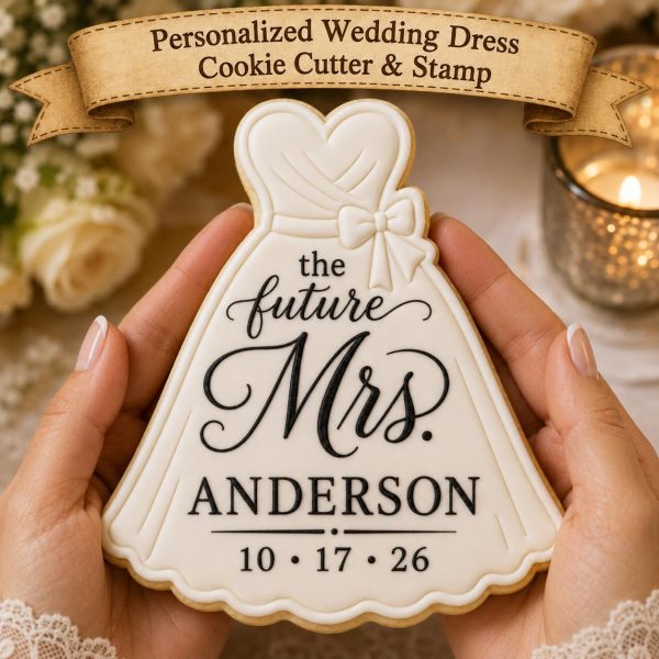 Personalized Future Mrs Wedding Dress Cookie Cutter & Stamp, Custom Bridal Shower Cookie Cutter, Bride to Be Cookie Stamp, Wedding Dress