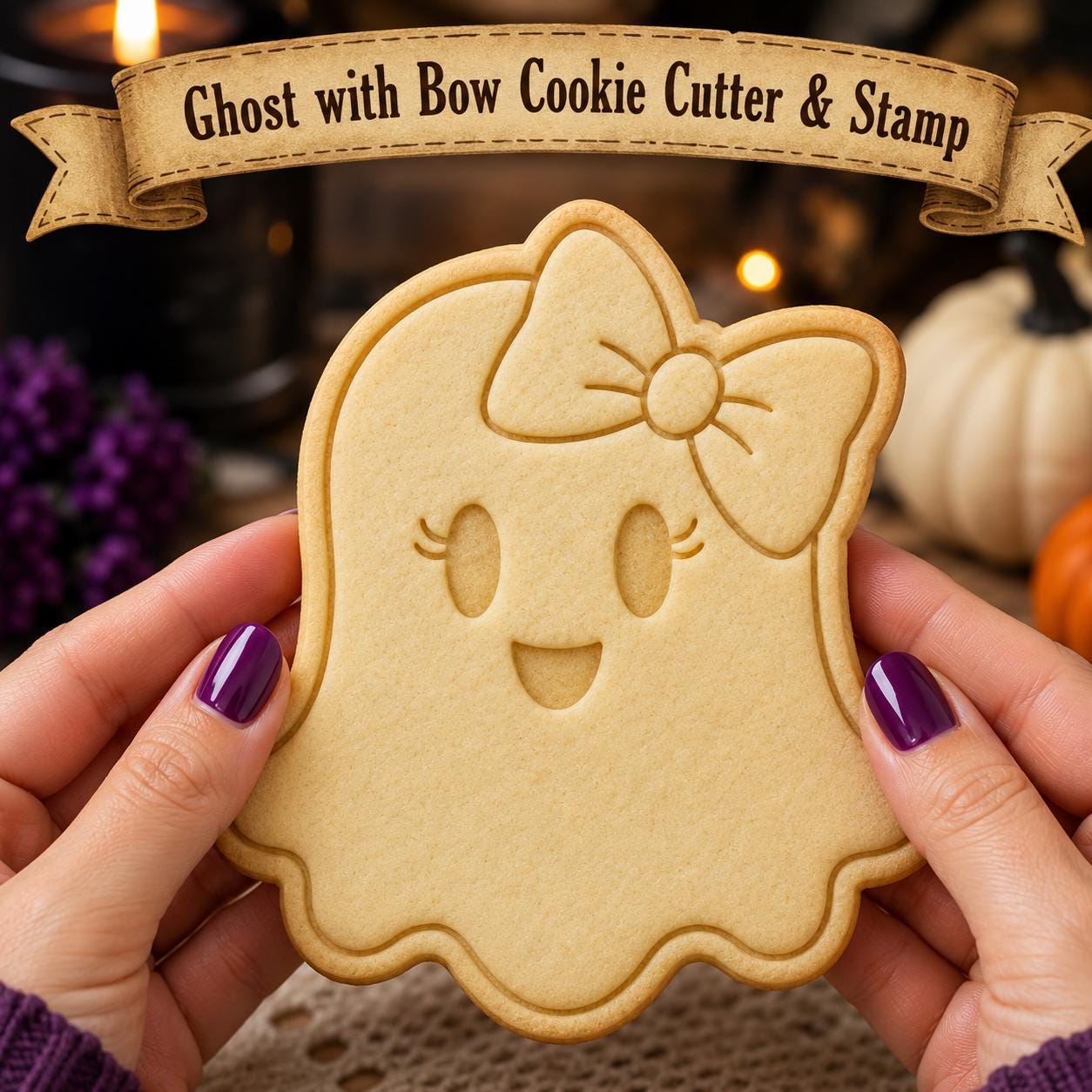Ghost with Bow Cookie Cutter & Stamp | Halloween Baking Tool