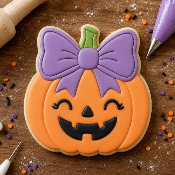 Alternative view of Cute Pumpkin Girl Cookie Cutter with Optional Stamp | Halloween Cookie Cutter | Fall Baking Gift | Pumpkin Bow Cookie