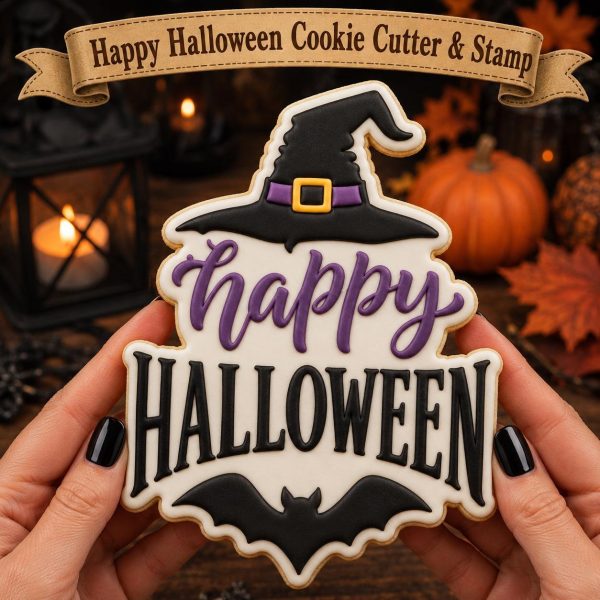 Happy Halloween Witch Hat and Bat Cookie Cutter and Stamp | Halloween Cookie Cutter | Spooky Baking and Fall Treats