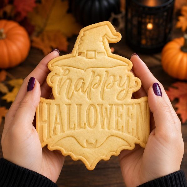 Alternative view of Happy Halloween Witch Hat and Bat Cookie Cutter and Stamp | Halloween Cookie Cutter | Spooky Baking and Fall Treats