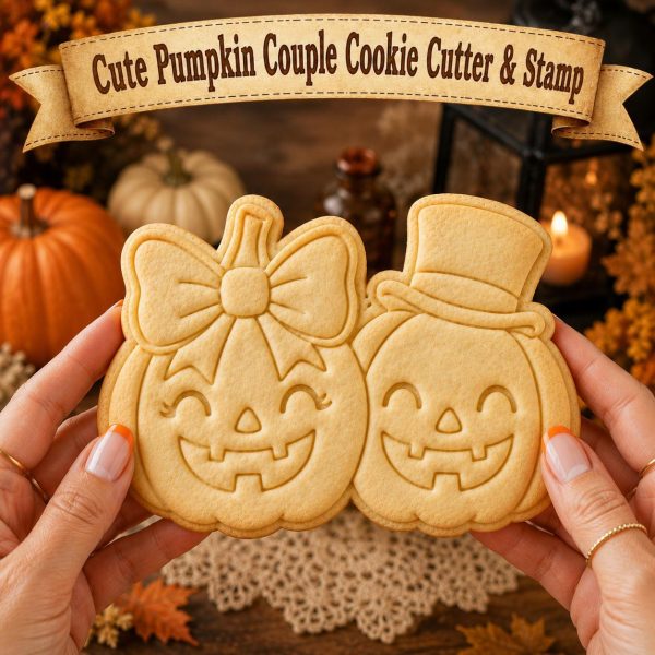 Cute Pumpkin Couple Cookie Cutter with Stamp | Halloween Cookie Cutter | Jack O Lantern Cookie Cutter | Fall Baking Gift