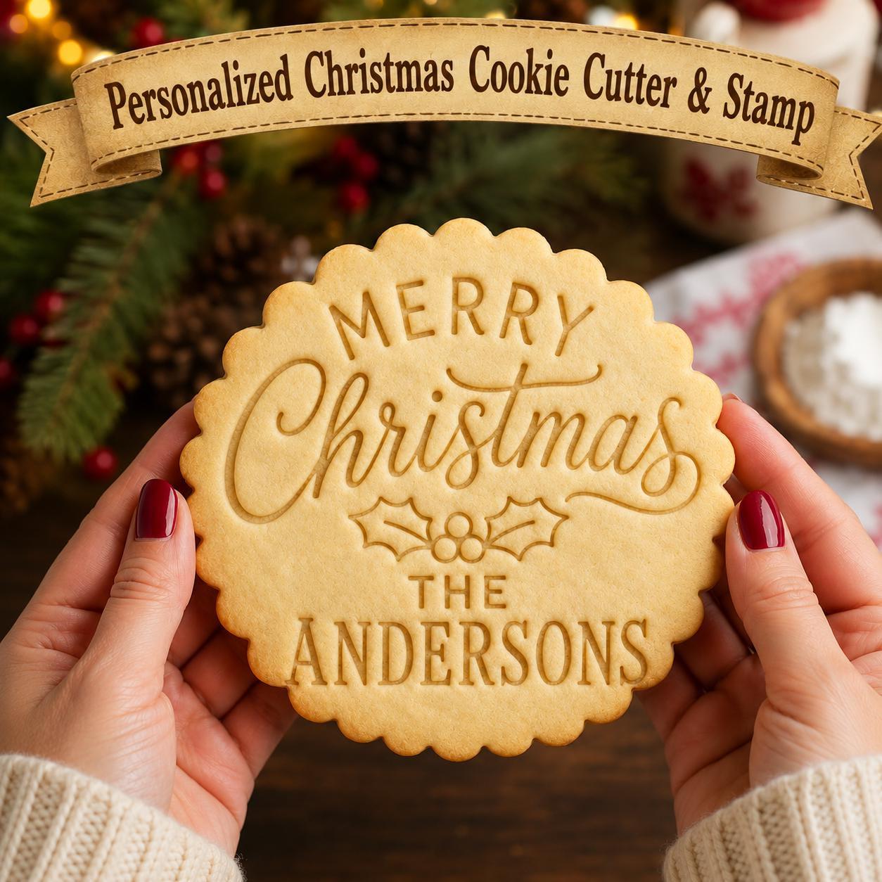 Personalized Merry Christmas Cookie Cutter Stamp, Custom Family Name Holiday Baking