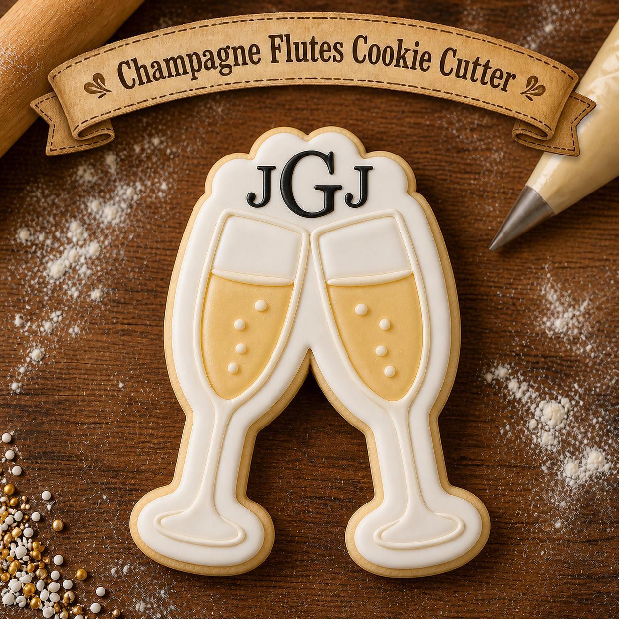 Champagne Flutes Cookie Cutter, Wedding Cookie Cutter, Bridal Shower, Engagement, Anniversary, New Year Cookie, Monogram Design