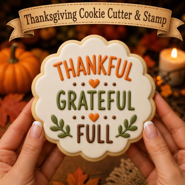 Thankful Grateful Full Cookie Cutter & Stamp, Thanksgiving Baking, Fall Gratitude Design - Autumn Treats