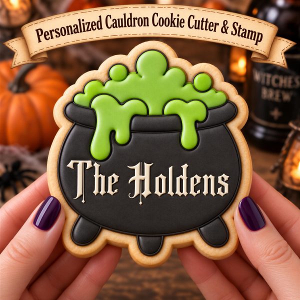 Personalized Cutter | Cauldron Cookie Stamp, Halloween Witch Potion Embosser - Family Name