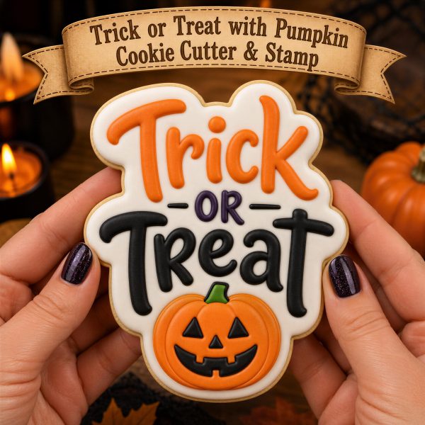 Trick Or Treat Cookie Cutter | Pumpkin Jack O Lantern Stamp | Halloween Baking Tool, Spooky Treats