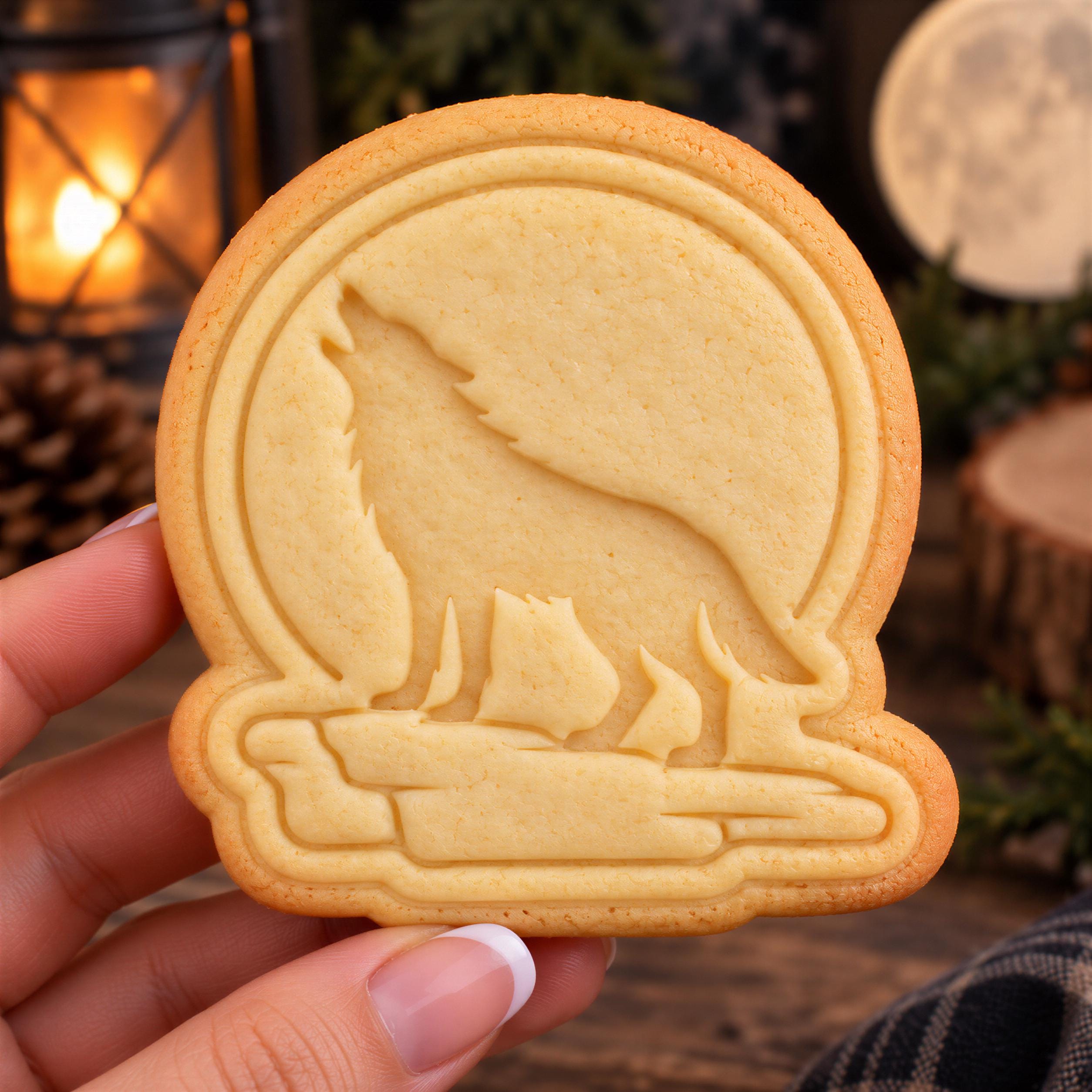 Howling Wolf Cookie Cutter & Stamp, Moon Design | Woodland Animal Embosser - Nature Baking Decor - Image 2