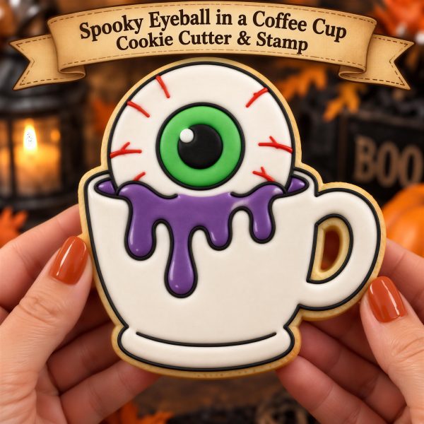 Spooky Eyeball Coffee Cup Cookie Cutter & Stamp, Halloween Eyeball Cookie Cutter, Creepy Coffee Cookie Stamp, Halloween Baking