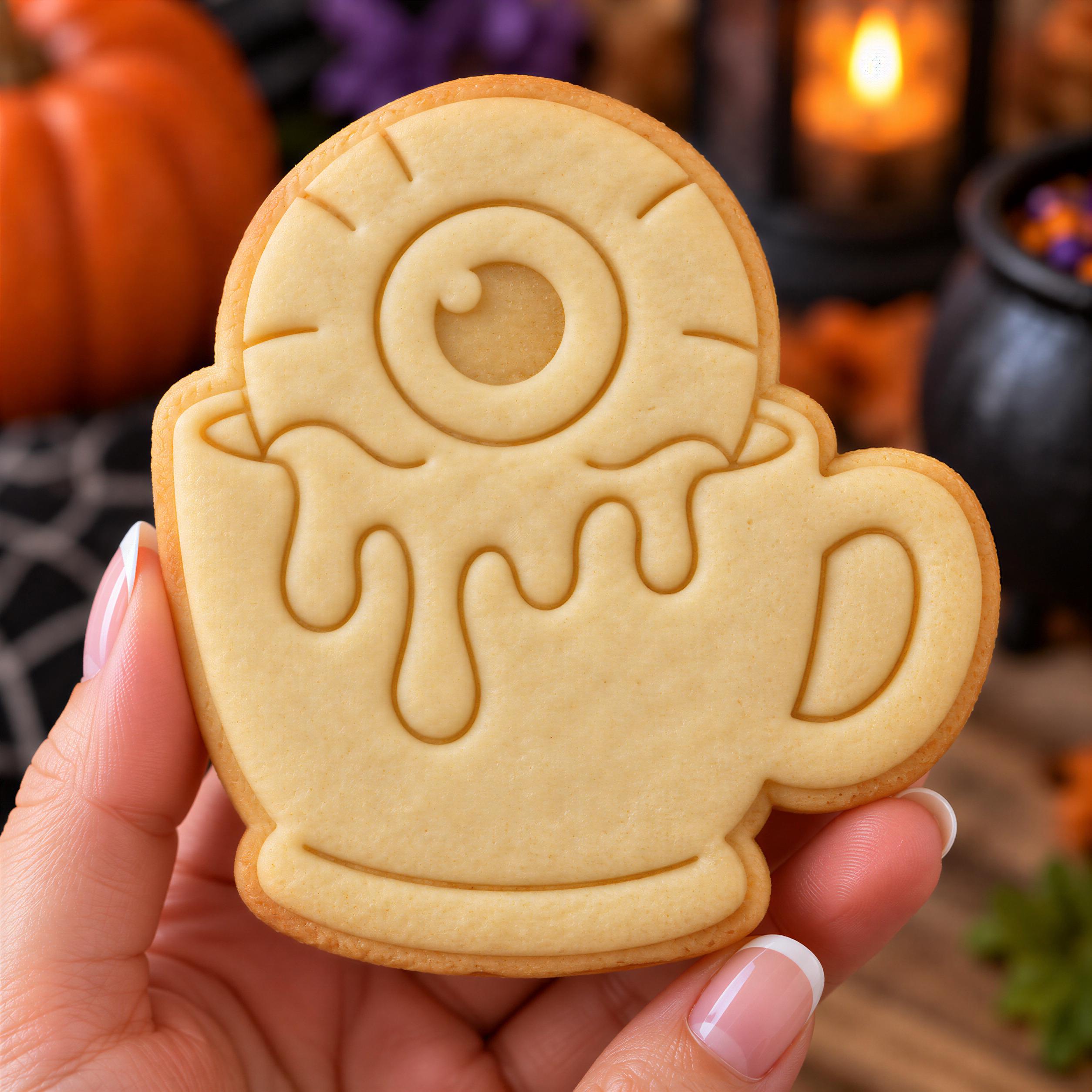 Spooky Eyeball Coffee Cup Cookie Cutter & Stamp, Halloween Eyeball Cookie Cutter, Creepy Coffee Cookie Stamp, Halloween Baking - Image 2