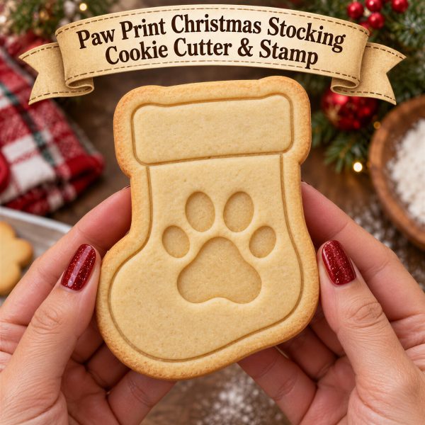 Paw Print Christmas Stocking Cookie Cutter & Stamp, Dog Paw Cookie Cutter, Pet Christmas Cookie Stamp, Holiday Baking