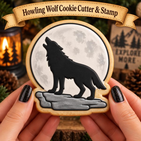 Howling Wolf Cookie Cutter & Stamp, Moon Design | Woodland Animal Embosser - Nature Baking Decor