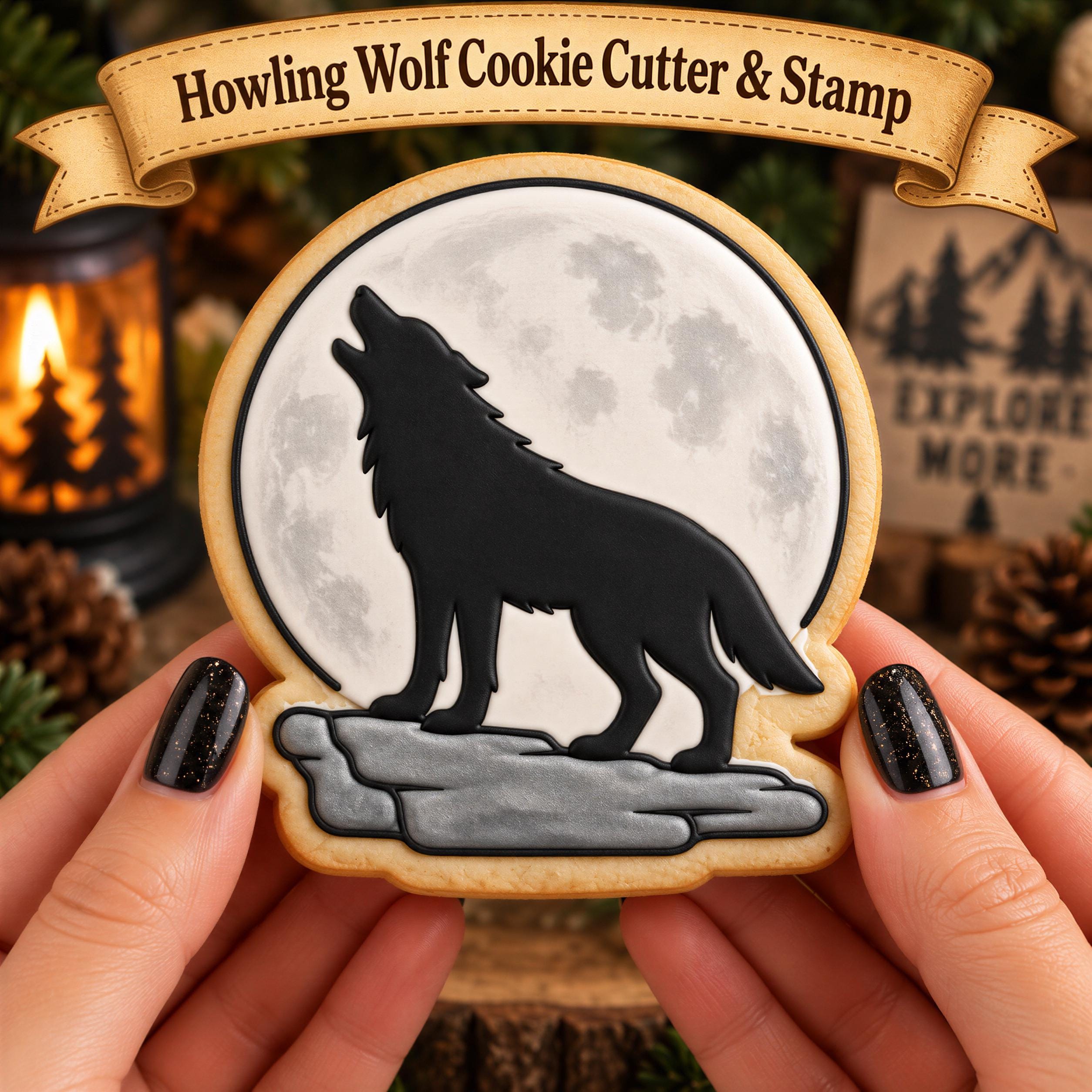Howling Wolf Cookie Cutter & Stamp, Moon Design | Woodland Animal Embosser - Nature Baking Decor