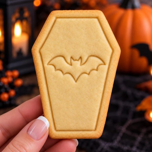 Alternative view of Spooky Coffin Cookie Cutter & Stamp | Bat Motif | Halloween Embosser | Gothic Baking Tool