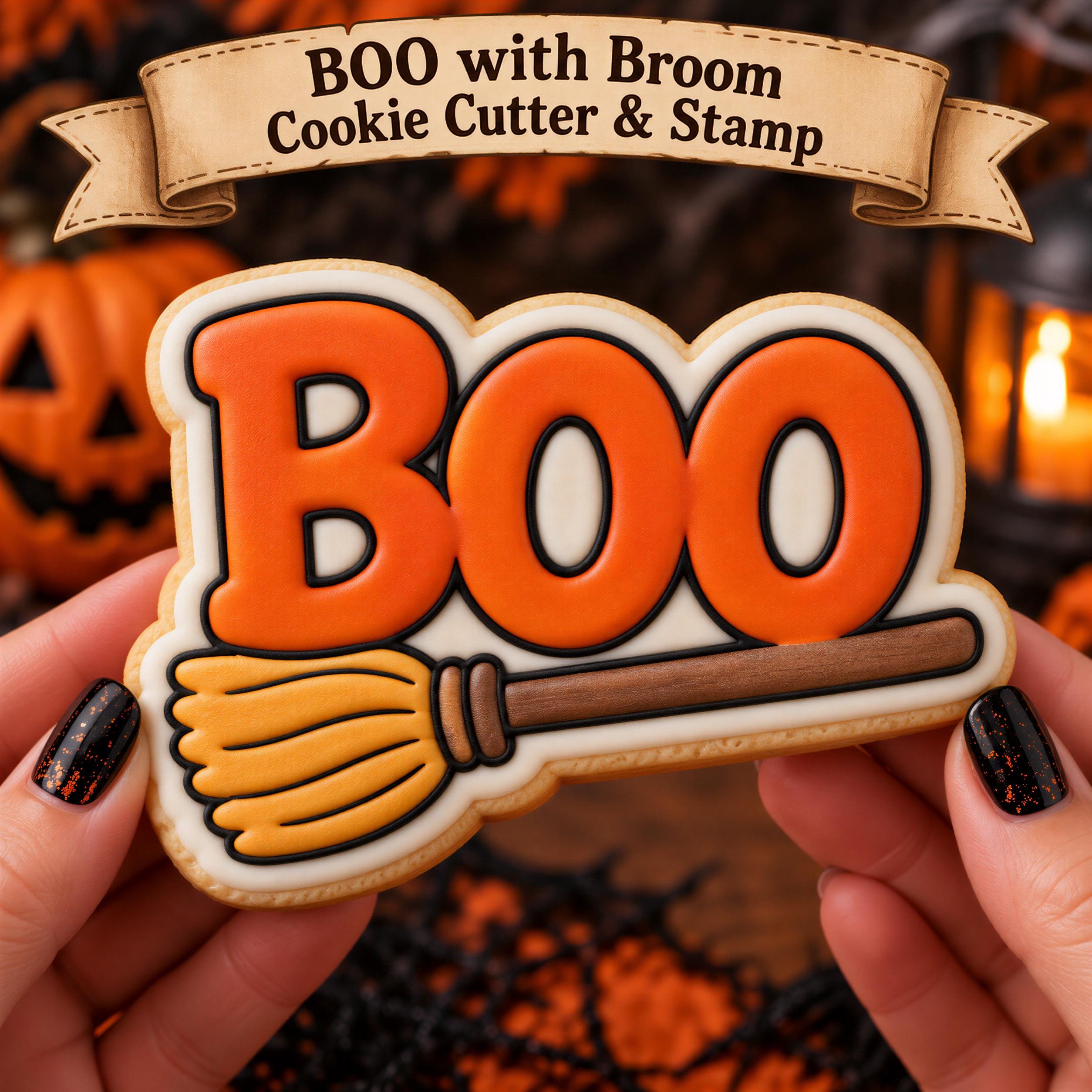 BOO with Broom Cookie Cutter & Stamp | Halloween Cookie Cutter | Witch Broom Cookie Stamp | Spooky Halloween Baking