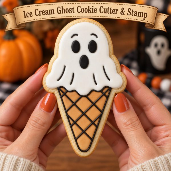 Ice Cream Ghost Cookie Cutter & Stamp | Halloween Ghost Cookie Cutter | Cute Spooky Cookie Stamp | Halloween Baking