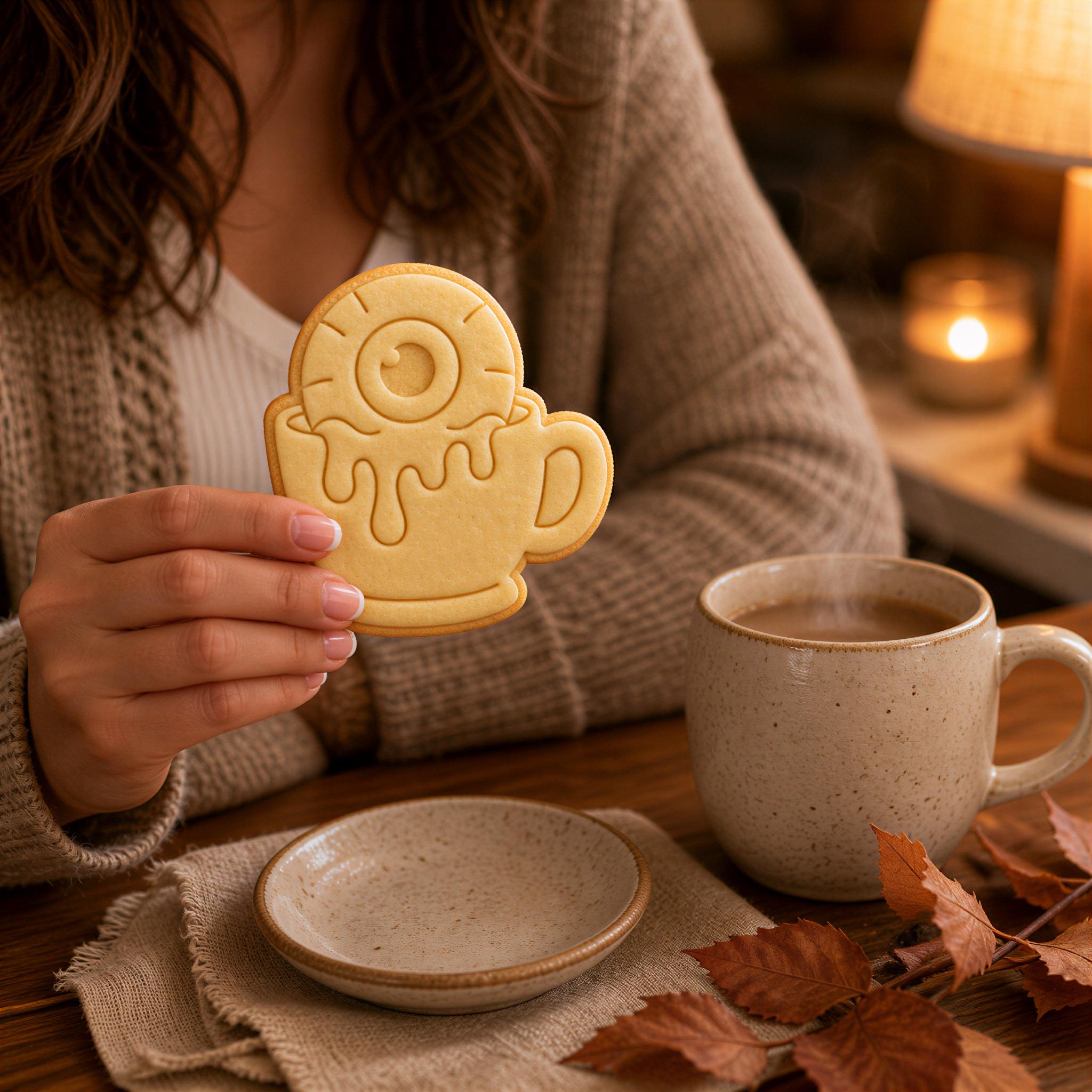 Spooky Eyeball Coffee Cup Cookie Cutter & Stamp, Halloween Eyeball Cookie Cutter, Creepy Coffee Cookie Stamp, Halloween Baking - Image 3