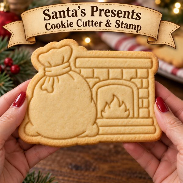 Santa’s Presents Cookie Cutter & Stamp, Santa Gift Bag Cookie Cutter, Christmas Fireplace Cookie Stamp, Embossed Christmas Cookie